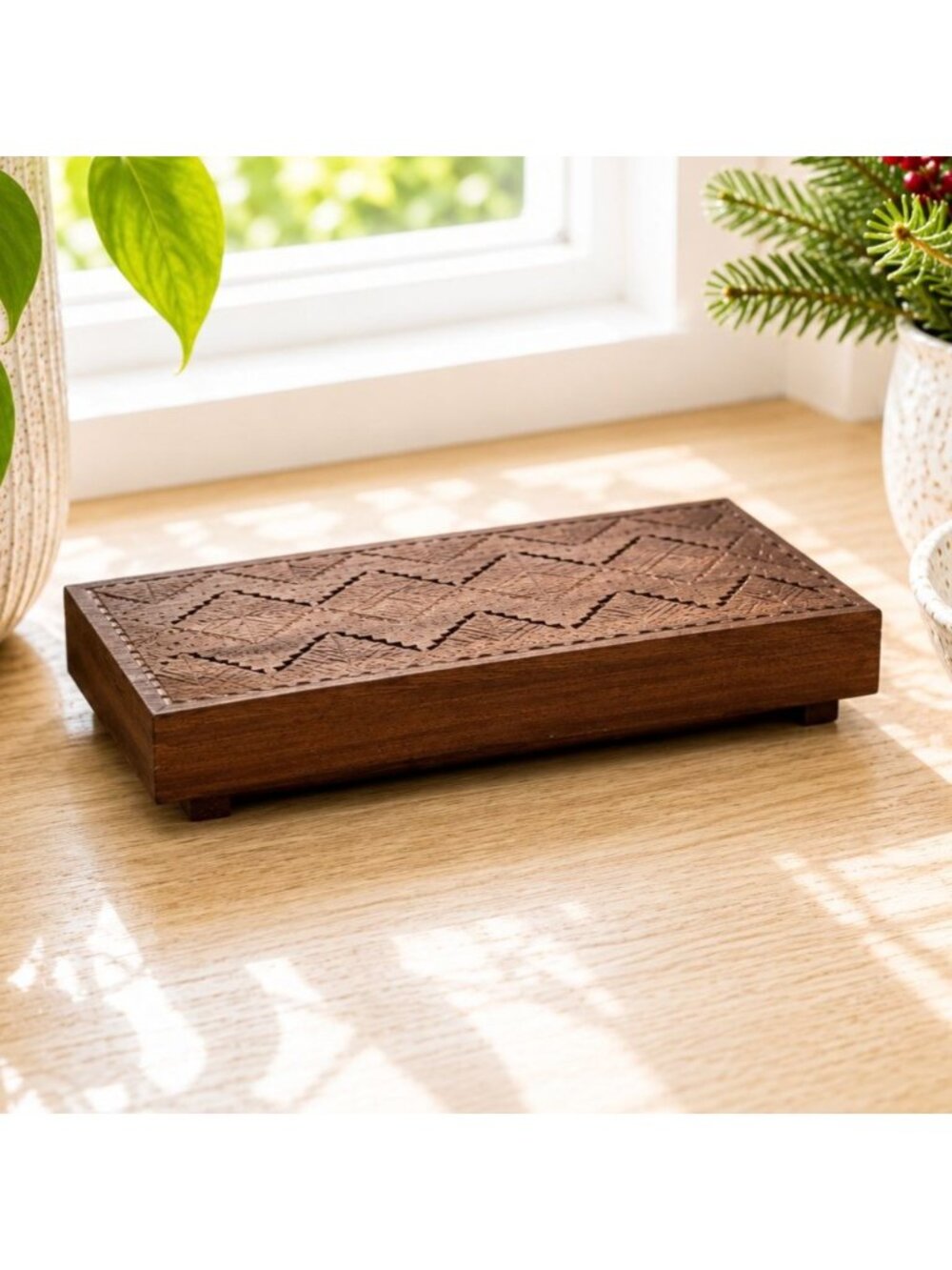 Ornate Hand-Carved Wooden Box With Geometric Pattern And Compartments 10" x 5.5"